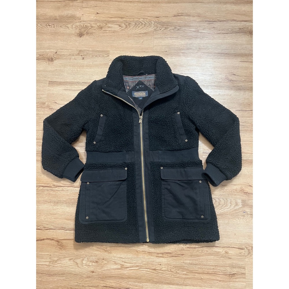 Pendleton Sherpa Fleece Jacket Womens Large Black Full Zip Long Coat Southwest